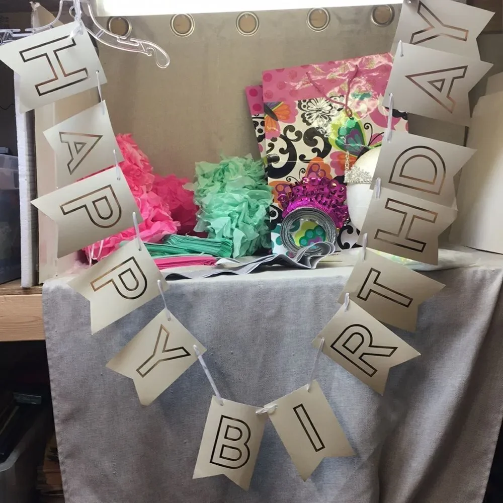 8th birthday party with birthday banner , small decor, tiara and sash
